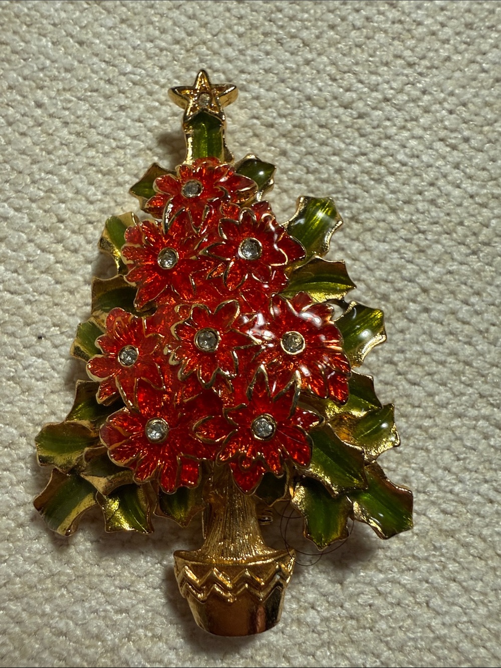 Christopher Radko Red Poinsettia Tree Brooch with Green Leaves
